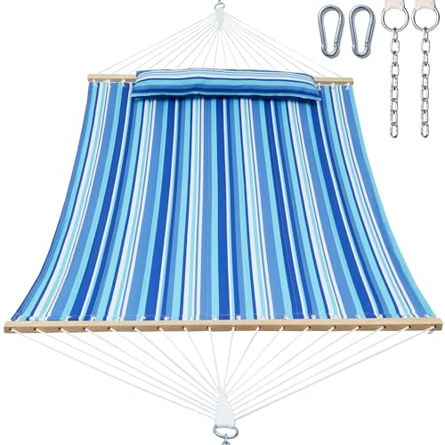 GAFETE Hammock 2 Person Quilted Fabric Hammocks for Outside, Double 12ft Hammocks with Spreader Bar, Large Removable Pillow, Storage Bag, Carabiners, Max 475 lbs Capacity (Ocean Blue) - color: Ocean Blue