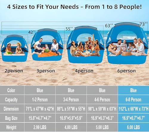 Beach Tent, Portable Sun Shelter for 2/3/4/6-8 Person with UPF 50+ UV Protection, Easy Setup Waterproof Beach Shade Canopy Cabana for Family Outdoor and Picnics, Fishing with Carrying Bag - color: Blue, size: Deluxe 6-Person
