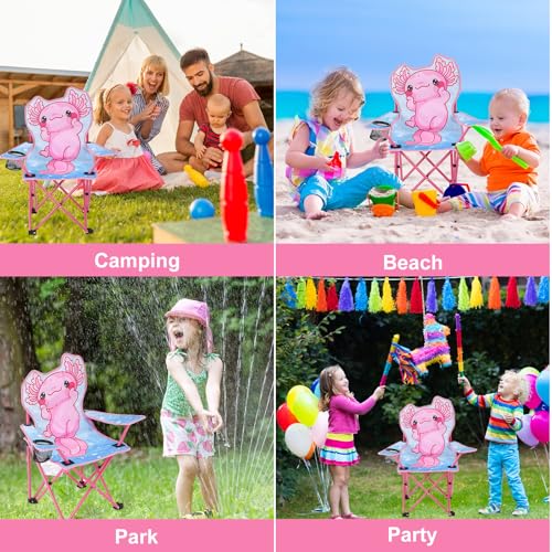 KABOER Kids Outdoor Folding Lawn and Camping Chair with Cup Holder and Carrying Bag, Children's Camping Chairs - color: Pink Axolotl