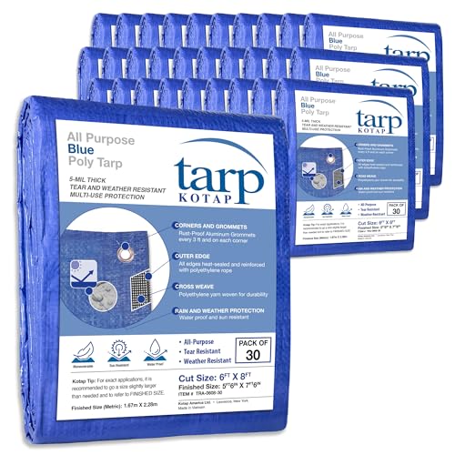 Kotap 6 x 8 Ft. All-Purpose Multi-Use Protection/Coverage 5-mil Poly Tarp, Waterproof, Blue, 30-Pack (TRA-0608-30) - color: Blue, size: 6 x 8 Ft., (30-Pack)