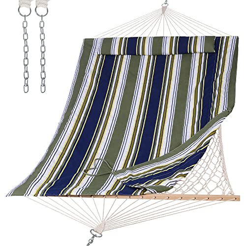 SUNCREAT Hammocks Outdoor Double Hammock with Hardwood Spreader Bar, Cotton Rope Hammock with Polyester Pad, Blue&Aqua - color: Blue&aqua