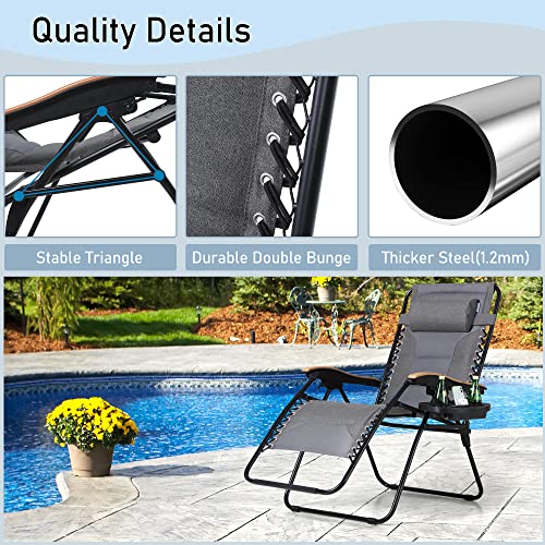 PHI VILLA XXL Oversized Padded Zero Gravity Chair Set of 2, Foldable Patio Recliner, 30" Wide Seat Anti Gravity Lounger with Armrest and Cup Holder, Support 400 LBS (Light Gray) - color: Light Gray, style: 2 Pcs