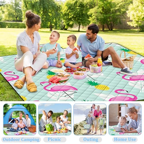 Extra Large Picnic Blanket Waterproof,80"x 80"Foldable Machine Washable Beach Blankets,Outdoor Blanket for 6-8 Adults,Picnic Mat Suitable for Indoor Crawling,Park Beach,Camping,Hiking,Travel（Flamingo） - color: Green Flamingo, size: 6'8" x 6'8" (Square)