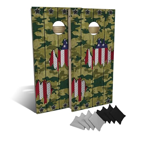 Slick Woody's Professional-Grade Cornhole Boards - 4'x2' Solid Wood Regulation Man Cave + Beer Branded Corn Hole Toss Game with 8 Resin Filled Bags - color: Camo USA Flag