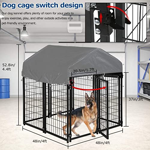 PayLessHere Welded Wire Dog Kennel Heavy Duty Playpen Included a Roof & Water-Resistant Cover Outdoor Heavy Duty Galvanized Metal Animal Pet Enclosure for Outside (4 x 4 x 4.3 Ft) - size: 47.0"L x 47.0"W x 53.0"H
