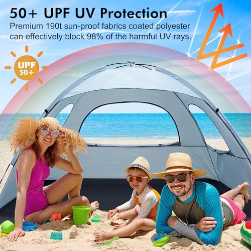 WhiteFang Beach Tent Anti-UV Portable Sun Shade Shelter for 3/4/6/8 Person, Extendable Floor with 3 Ventilating Mesh Windows Plus Carrying Bag, Stakes and Guy Lines - color: Sierra Blue, size: 3 Person