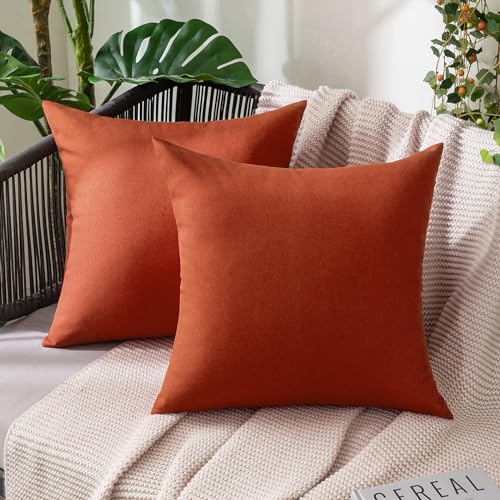 MIULEE Pack of 2 Decorative Outdoor Solid Waterproof Throw Pillow Covers Faux Linen Garden Farmhouse Cushion Cases for Summer Patio Tent Balcony Couch Sofa 16x16 Inch Burnt Orange - color: Burnt Orange, size: 16" x 16" (Pack of 2)
