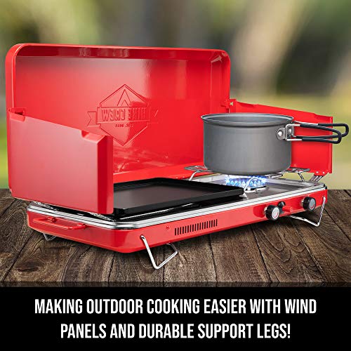 Hike Crew 2-in-1 Gas Camping Stove and Griddle, Portable Propane Burner w/Integrated Igniter & Stainless Drip Tray | Built-in Carrying Handle, Foldable Legs & Wind Panels | Includes Regulator - color: Red