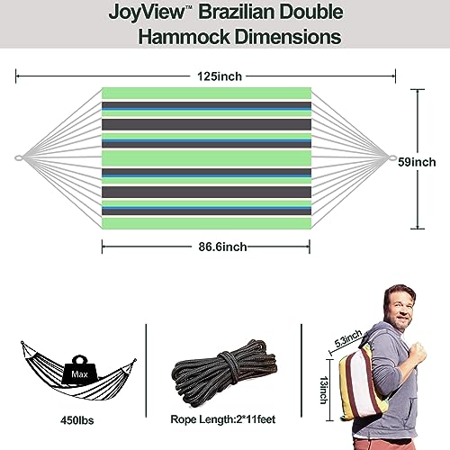 JoyView Brazilian Double Hammock with Hanging Ropes Extra Large 86.6x59” Portable Cotton Hammock for Patio Backyard Porch 450LBS Weight Capacity Perfect for Outdoor/Indoor - Green/Black Stripe - color: Green/Black Stripe