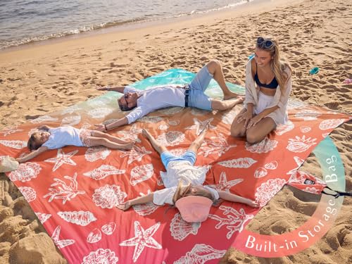 WEKAPO Beach Blanket Waterproof Sandproof Oversized, Extra Large Beach Mat Sand Free, Lightweight & Compact Sand Free Mat with 5 Stakes & 4 Corner Pockets - color: Gradient-coral Sea Shells, size: 8 x 7 FT (1～4 person)