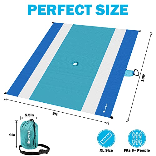 Blue Water-Resistant, Sandproof 10x9ft Beach Blanket with Umbrella Hole–Beach Mat, Compact and Lightweight, Stuff Sack, 4 Stakes, Sand Pockets, Works with Beach Canopies, Umbrellas, Kids Tents - color: Blue, size: 9x10
