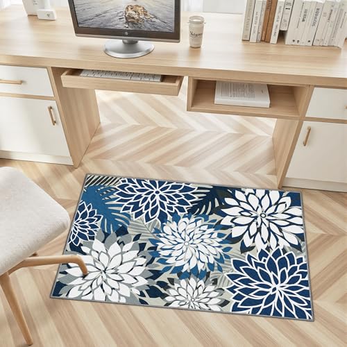 Arenarug 2x3 Washable Small Rug Tropical Botanical Modern Floral Indoor Chenille Door Mat Carpet Non Slip for Patio, Entry Way, Entrance, Porch, Blue - color: Blue White, size: 2' x 3' (Rectangular)