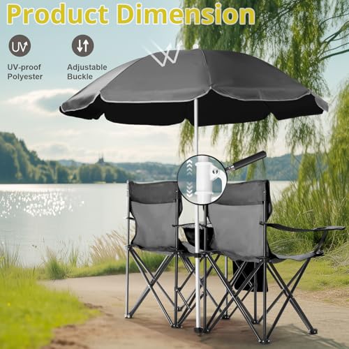 Outvita Folding Double Camping Chair w/Umbrella Beverage Holder Carrying Bag Cooler Fold Up Table, Large Bearing Capacity for Beach Patio Pool Park Outdoor Black - color: Black