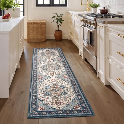 Rugflix 2x6 Runner Rug for Hallway, Washable Kitchen Runner Non Slip, Vintage Low Pile Entryway Carpet, Soft Stain Resistant Long Laundry Room Rug for Stairs, Bedroom, Blue Orange - color: Blue Orange, size: 2' x 6' (Runner)