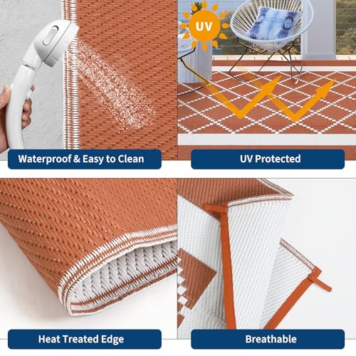 Garvee Outdoor Plastic Straw Rug 10x20 for Patios Modern Bordered Reversible Camping Carpet, Waterproof Outdoor Mat with 4 Stakes and Storage Bag for RV, Picnic, Backyard, Deck, Balcony, Porch, Beach - color: Geometric|terracotta, size: 10' x 20' (Rectang