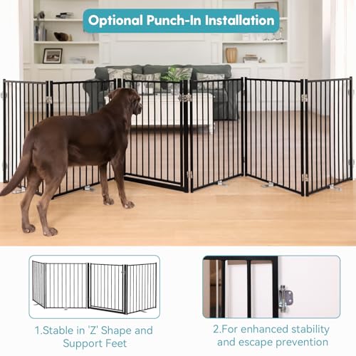 No Pawblems Free Standing Dog Gate with Door, 30'' Tall Foldable Dog Fence for Indoor & Outdoor, Up to 208 Inch Extra Wide Puppy Gate for Stairs, Hallways, Doorways, Deck, Yard (Black, 8 Panels) - color: Black, size: Up to 208" W, 8 Panels