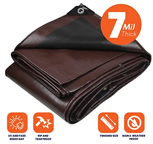 Heavy Duty 7 Mil Tarp Cover, Waterproof, UV Resistant, Rip and Tear Proof, Poly Tarpaulin with Reinforced Edges for Roof, Camping, Patio, Pool Cover, Boat (Brown/Black 6′ X 8′) - color: Brown/Black-7 Mil, size: 6′ X 8′