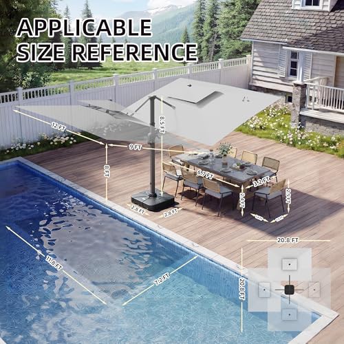 9 X 12 FT Cantilever Patio Umbrella with Led Lights and Base Included Heavy Duty Outdoor Double Top Large Rectangle Offset Umbrellas with 360-degree Rotation for Garden Pool Deck Backyard, Foggy Grey - color: Foggy Grey, size: 9' X 12'- Weighted Base Incl