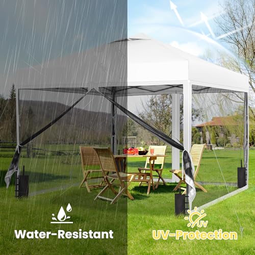 GDY 10x10 Pop up Canopy Tent with Mosquito Netting, Easy up Gazebo for Patio, Camping and Garden, Includes 4 Sandbags, White - color: White, size: 10x10 with Mosquito Netting
