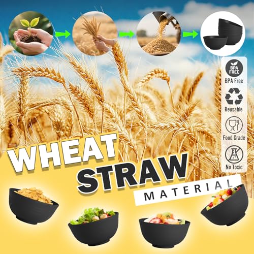 Wheat Straw Bowls Set of 6, Unbreakable Lightweight 26 OZ Cereal Bowls for Kitchen, Reusable Salad Bowl, Microwave & Dishwasher Safe Bowl Set, Black - color: Black, size: 26 Oz
