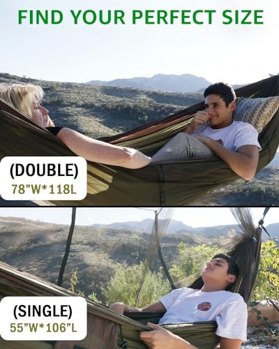 Sunyear Camping Hammock, Portable Single & Double Hammock with Net, 2 Person Hammock Tent with 2 * 10ft Straps, Best for Outdoor Hiking Survival Travel - color: Coffee/Green, size: 55"w*106"l (Single)