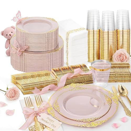 Nervure 350PCS Pink Plastic Plates - Pink Plastic Dinnerware Sets for 50 Guests - 100 Disposable Plates, 150 Gold Silverware, 50 Cups, 50 Napkins Perfect for Wedding & Party & Mothers Day - color: Pink