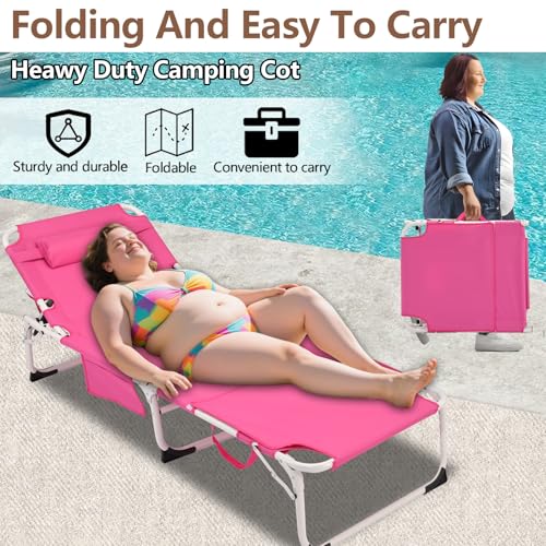 3-in-1 Heavy Duty Tanning Chair with Face Hole Adjustable 5-Position Folding Chaise Lounge Chairs Portable Lay Flat Beach Lounge Chair for Outdoor Sunbathing Patio Pool Lawn Camping Deck (Pink) - color: Pink
