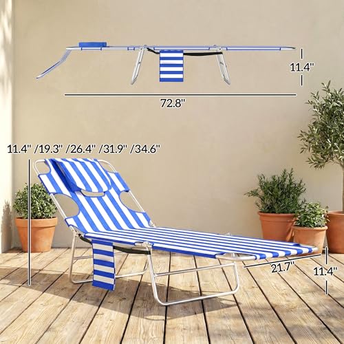 Outsunny Chaise Lounge Chair Outdoor with Face Arm Hole, 5-Position Reclining Face Down Tanning Chair with Carry Strap, Side Pocket, Portable Folding Bed Cot for Patio Beach Pool, Blue Stripe - color: Blue Stripes, size: 1 Piece