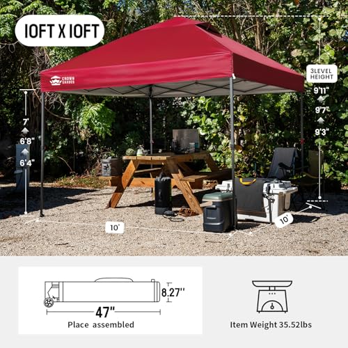 CROWN SHADES 10x10 Pop Up Canopy Tent - Patented Center Lock One Push Instant Outdoor Canopy Beach Tent with STO-N-Go Bag 8 Stakes & 4 Sand Bags，Red - style: Red
