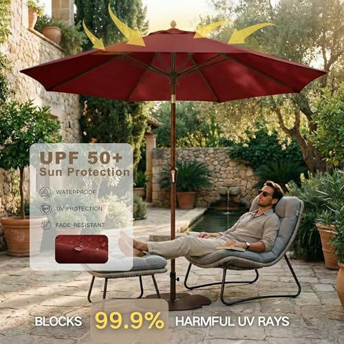 Kingdura 10FT Outdoor Patio Umbrella, Market Table Umbrella with Push Button Tilt and Crank, 8 Sturdy Fiberglass Ribs, UV Protection for Pool, Lawn, Deck, Backyard, Garden (Dark red) - color: Dark red, size: 10 Ft