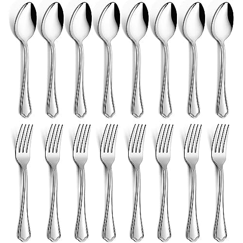 16-Piece Spoons and forks Set, E-far Stainless Steel Scalloped 8 Dinner Forks and 8 Dinner Spoons, Modern Metal Silverware Flatware Cutlery for Kitchen and Restaurant, Dishwasher Safe-7.9 Inch - style: Scalloped