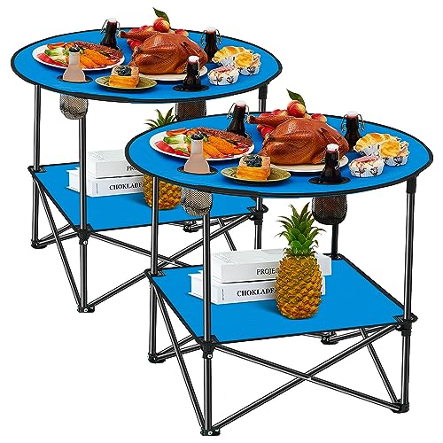 Soaoo 2 Pcs Folding Camping Table with 4 Mesh Cupholders 2 Tier Portable Folding Table Round Lightweight Fabric Compact Carrying Case Beach Table for Summer Outdoor Tailgating Fishing Hiking - color: Blue