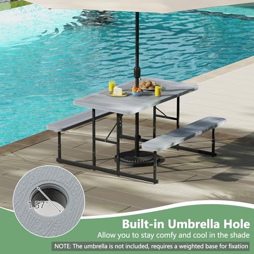 LDAILY Picnic Tables with Benches, Rectangular Dining Table Set for Outside 4 People, HDPE Tabletop, Metal Frame, Umbrella Hole, Heavy Duty Picnic Table for Outdoors, Patio, Lawn, Commercial (Gray) - color: Grey