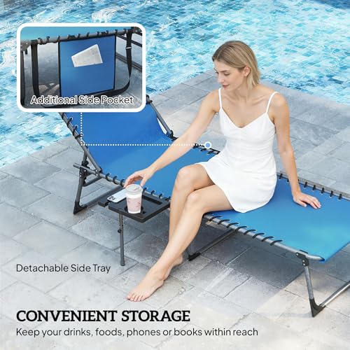 Outsunny Folding Chaise Lounge Chair Outdoor Tanning Chair with Side Table, 5-Level Adjustable Beach Lounge Chair with Headrest, Side Pocket for Patio, Backyard, Beach, Poolside, Blue - color: Blue