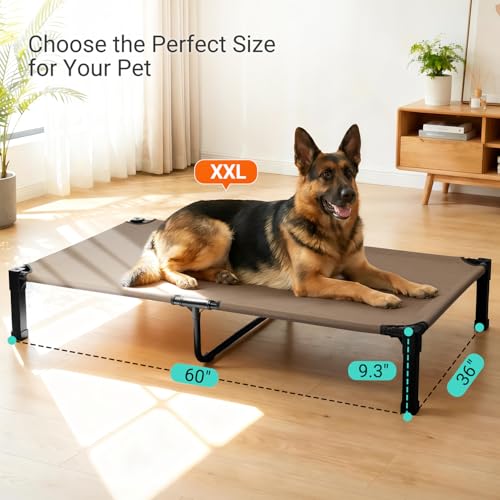 Niubya Elevated Outdoor Dog Bed, Cooling Elevated Pet Cot, Steel-Framed and Non-Slip Feet, Raised Dog Bed with Waterproof, Washable, Breathable Teslin Mesh, 60in - color: Brown, size: 60"L x 36"W x 9.4"H