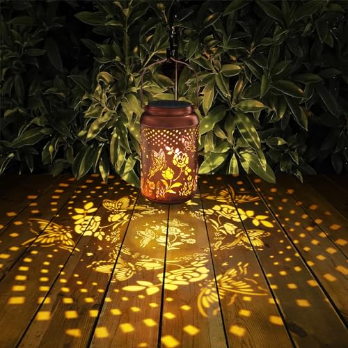 Rose Butterfly Decoration Solar Lanterns Outdoor Waterproof Garden Decor Gifts for Women Mon Grandma Metal Hanging Solar Lights for Outside LED Lanterns for Yard, Patio - style: Butterfly