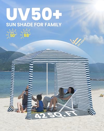 Qipi Beach Cabanas for Sand, Beach Canopy with Sandbags & Side Wall for Family, Easy Set Up Sun Shelter, UPF 50+ UV Protection with Roof Vent - color: 6.5' x 6.5' Sailor Stripes Dual-Fold