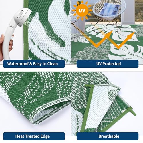 Waterproof Outdoor Area Rug 9x12 ft, Reversible Mat Leaf Tropical Patio Rug, Plastic Tropical Leaf Porch Mat, Large Straw Patio Rug for RV, Camper, Deck, Balcony, Porch, Beach, Picnic - color: Green & White, size: 12' x 9' (Rectangular)
