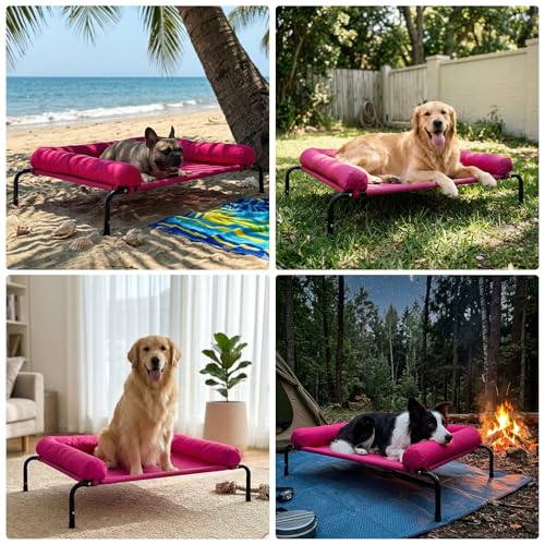 Cooling Elevated Dog Bed for Large Dogs, Outdoor Raised Dog Beds Portable Dogs Cot Bed W/Breathable Mesh, Pet Cots W/Removable Waterproof Bolster - color: Rose Pink, size: 43.0"L x 31.0"W x 8.0"Th