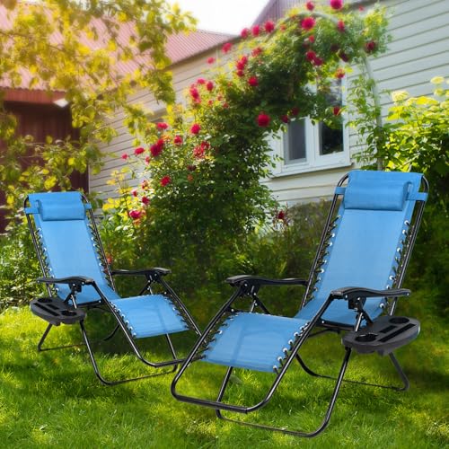 Nazhura Set of 2 Relaxing Recliners Patio Chairs Adjustable Steel Mesh Zero Gravity Lounge Chair Beach Chairs with Pillow and Cup Holder (Sky Blue) - color: Sky Blue