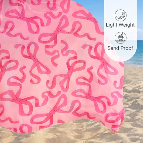 Sunlit Large Beach Blanket Waterproof Sand Proof, 81" x106" Sand Free Beach Mat Anchored Pockets and Storage Bag, for Travel Beach Camping Outdoor Festival, Coquette Pink Bow