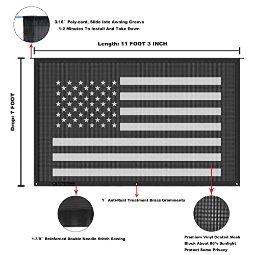 Tentproinc RV Awning Sun Shade Screen 7' X 11' 3'' (American Flag) Black Mesh Sunshade Camper Trailer Awning Shade Screen UV Blocker Completed Kits - color: Flag-Black, size: 7' x 11'3'' -Actual Measurement