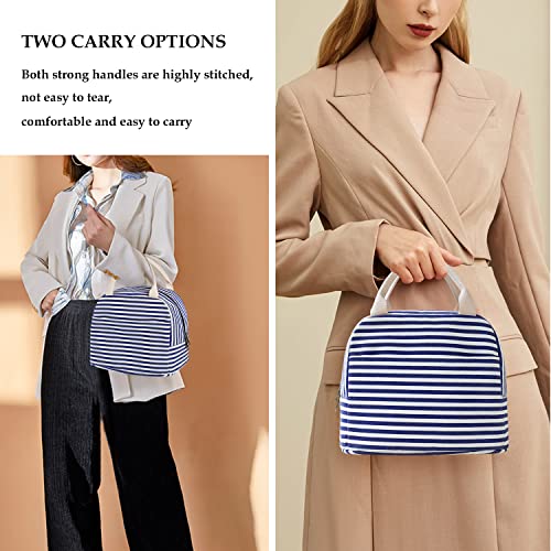 EurCross Blue and White Stripes Lunch Bag Women,Cooler Tote Bag Insulated Lunch Bento Box Bag, Canvas Portable Tote Thermal Bag for Adult Women and Men for Work - color: Blue Stripes