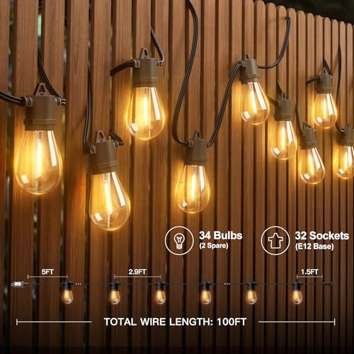 addlon 100FT LED Outdoor String Lights with Edison Shatterproof Bulbs, Heavy-Duty and Weatherproof Strand, Commercial Grade Patio Lights, Decorative for Garden or Patio, Black - size: 100FT