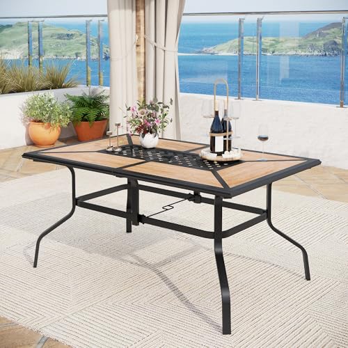 MFSTUDIO Outdoor Patio Dining Table for 6, Rectangular Patio Furniture Table with Metal Frame and Immitation Top, Adjustable Umbrella Hole - color: Brown & Black, size: 61.5" x 38"