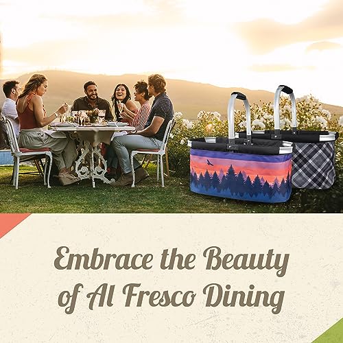 Picnic Basket for Camping - Collapsable Picnic Basket for Picnics, Grocery, & Festivals - Sturdy Food Picnic Basket with Zipper Pocket & Built-in Clip - 16” x 17” Scenic Sunset Basket, Camp Casual