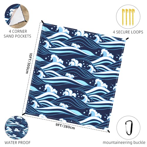 Beach Blanket Waterproof Sandproof Oversized Extra 110" * 118"/ 9 * 10 Ft Sand Free Beach Mat with Stakes, Storage Bag - Essentials for Outdoor Beach, Picnic,Quick Drying Durable - color: Sea Wave, size: 9x10 FT (1～8 Person)