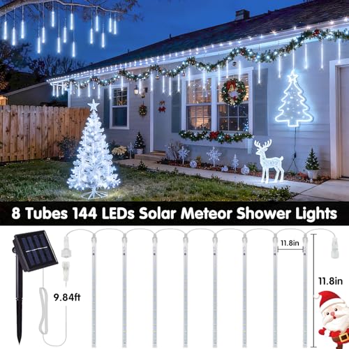 JMEXSUSS White Solar Christmas Lights, 8 Tube 144 LEDs Solar Meteor Shower Lights Outdoor, White Christmas Light for Tree Wedding Xmas Holiday Party Patio GazeboDecor - color: Cool White, size: 1*144LED