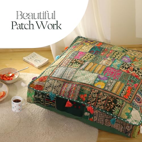 THE ART BOX Cotton Patchwork Vintage Boho Embroidered Floor Pillows & Cushion Cover Dog Pouf Seating Pouf Meditation Pillow Pet Bedding Cat Bed Boho Home Décor (35x35 Inches, Cover Only) - color: Dark Green