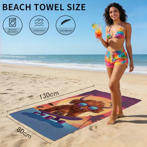 Highland Cow Beach Towel, Cute Brown Highland Cow with Sunglass Skateboarding Towels, Sunset Palm Tree Absorbent Sand-Free Bath Towels for Swimming Surfing Travel, Oversized 32x52 - color: Highland Cow